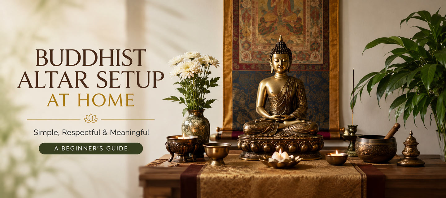 Buddhist altar setup at home featuring a Buddha statue, offering bowls, candles and a peaceful meditation space